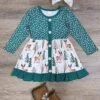 Green Polka Dot Winter Deer Girls Ruffle Trim Long Sleeve Dress -Sydney So Sweet GreenPolkaDotWinterDeerGirlsRuffleTrimLongSleeveDress