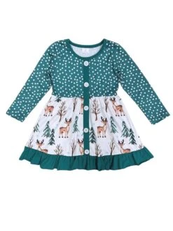 Green Polka Dot Winter Deer Girls Ruffle Trim Long Sleeve Dress -Sydney So Sweet GreenPolkaDotWinterDeerGirlsRuffleTrimLongSleeveDressWhite