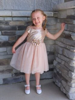 Golden Sequin Bow Tulle Fancy Or Special Occasion Girls Tutu Dress -Sydney So Sweet HadleyGoldSequinDress3