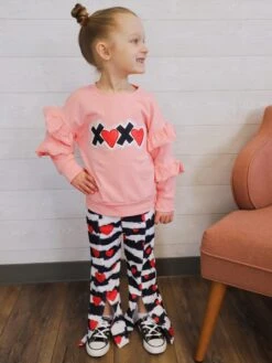 XOXO Falling In Love Pink Ruffle Bell Bottom Girls Valentine's Day Outfit