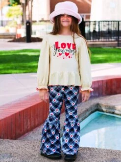 Love You More Plaid Heart Bell Bottom Girls Outfit -Sydney So Sweet HarlowLoveYouMoreBell