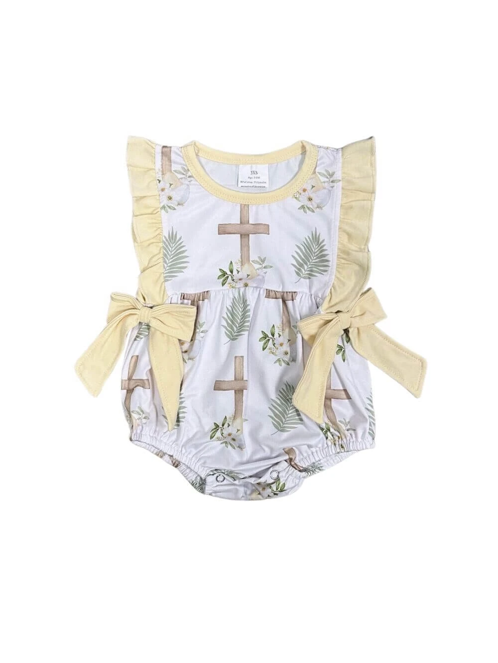He Lives Yellow Bow Ruffle Trim Girls Easter Baby Bubble Romper 4 He Lives Yellow Bow Ruffle Trim Girls Easter Baby Bubble Romper - Image 2