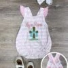He Is Risen Pink Stripe Girls Easter Baby Bubble Romper