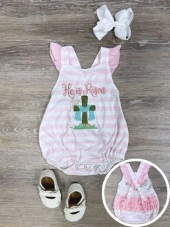 He Is Risen Pink Stripe Girls Easter Baby Bubble Romper