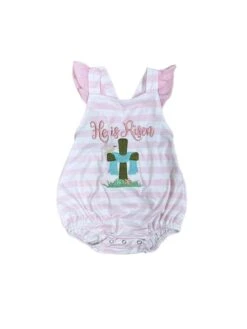 He Is Risen Pink Stripe Girls Easter Baby Bubble Romper -Sydney So Sweet HeisRisenPinkStripeGirlsEasterBabyBubbleRomperWhite