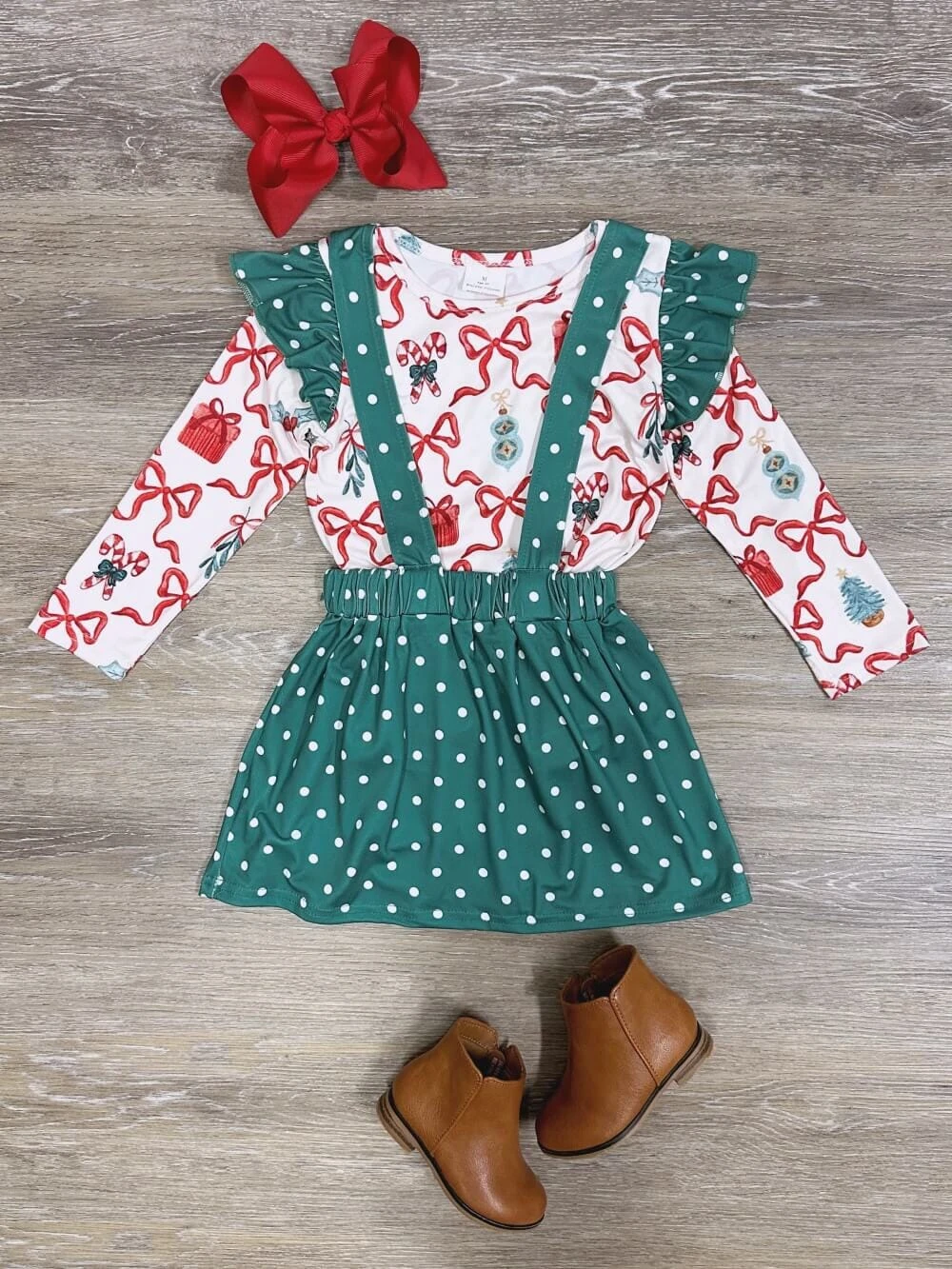 Holiday Cheer Green Polka Dot Girls Suspender Skirt Outfit 3 Holiday Cheer Green Polka Dot Girls Suspender Skirt Outfit
