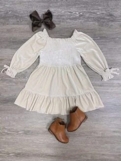 Ivory Puff Sleeve Smocked Girls Velvet Dress