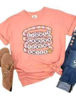 Lights Camera Teach Smile Teacher Comfort Colors Graphic T-Shirt -Sydney So Sweet LightTerracotta