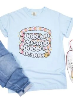 Lights Camera Teach Smile Teacher Comfort Colors Graphic T-Shirt -Sydney So Sweet LightsChambray