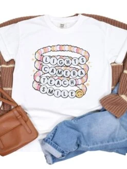 Lights Camera Teach Smile Teacher Comfort Colors Graphic T-Shirt -Sydney So Sweet LightsWhite