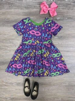 Little Miss Mardi Gras Girls Purple Short Sleeve Dress