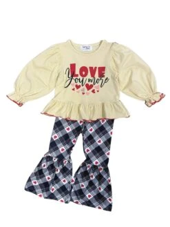 Love You More Plaid Heart Bell Bottom Girls Outfit -Sydney So Sweet Love You More Plaid Heart Bell Bottom Girls Outfit White