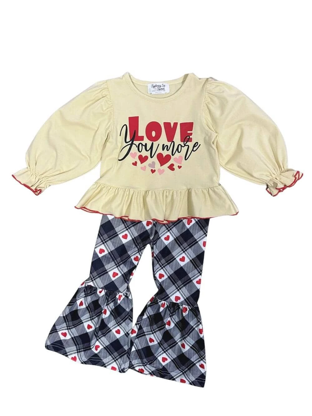 Love You More Plaid Heart Bell Bottom Girls Outfit - Image 4