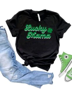 Lucky Mama Women's Jersey Short Sleeve Graphic Tee - 5 Colors -Sydney So Sweet LuckyMamaBlack