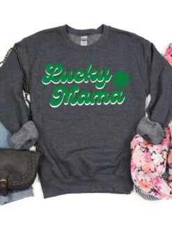Lucky Mama Mom Heavy Blend Crewneck St. Patrick's Day Sweatshirt -Sydney So Sweet LuckyMamaSweatshirtDarkHeather