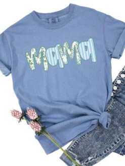 Preppy Blue Floral Mama Comfort Colors Mom Graphic T-Shirt -Sydney So Sweet Mama Blue Blue Jean
