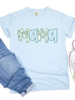 Preppy Blue Floral Mama Comfort Colors Mom Graphic T-Shirt -Sydney So Sweet Mama Blue Chambray