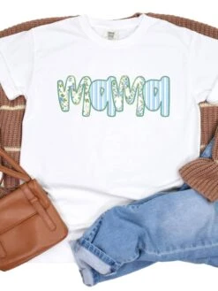 Preppy Blue Floral Mama Comfort Colors Mom Graphic T-Shirt -Sydney So Sweet Mama Blue White