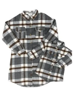 Mom And Me - Gray Plaid Long Flannel Shacket -Sydney So Sweet MomandMe GrayPlaidLongFlannetShacketWhite