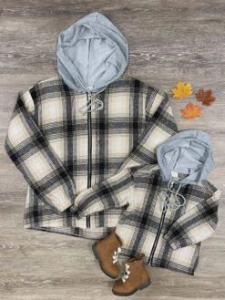 Mom And Me - Plaid Hooded Zip Up Shacket