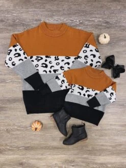 Mom And Me - Rust & Black Cheetah Color Block Sweater