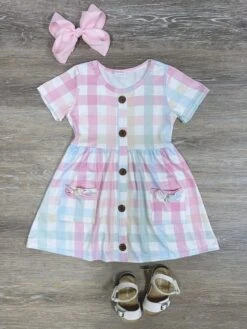 Pastel Plaid Girls Short Sleeve Pocket Dress