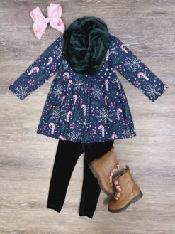 Peppermint Kisses Blue & Green Velvet Candy Cane Girls Scarf Outfit