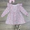 Petite Florals Pink Girls Ruffle Shoulder Long Sleeve Dress