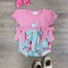 Pink Puff Sleeve Bunny Floral Girls Baby Bubble Romper