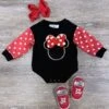 Polka Dot Bow Mouse Red & Black Chenille Patch Baby Girls Romper