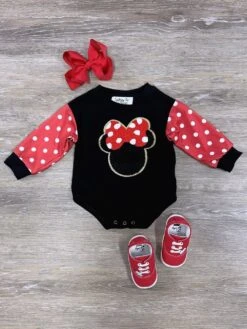 Polka Dot Bow Mouse Red & Black Chenille Patch Baby Girls Romper