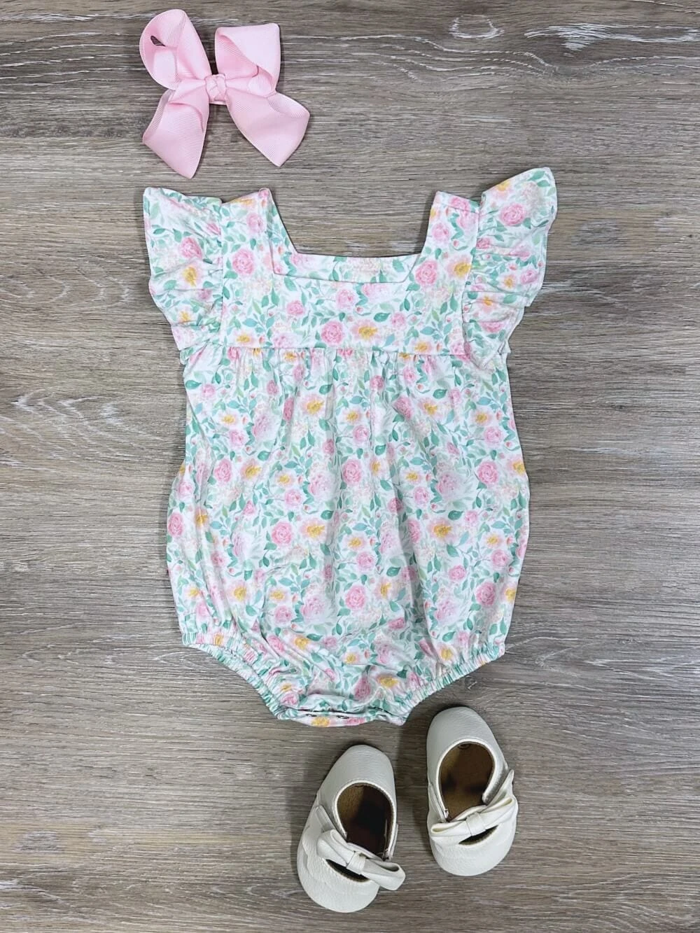 Pretty Petite Floral Pink Ruffle Baby Bubble Romper 4 Pretty Petite Floral Pink Ruffle Baby Bubble Romper - Image 2