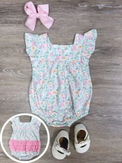 Pretty Petite Floral Pink Ruffle Baby Bubble Romper