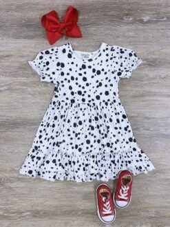 Puff Short Sleeve White & Black Girls Dalmatian Costume Dress