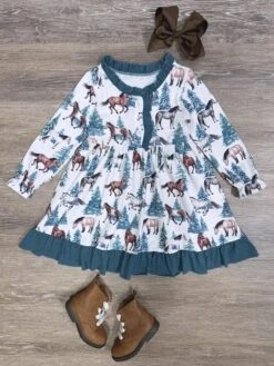 Ranch Life Girls Blue Ruffle Trim Horse Long Sleeve Dress