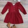 Rusty Red Waffle Knit Girls Ruffle Trim Long Sleeve Dress