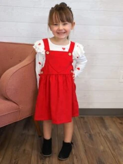 My Whole Heart Red Ruffle Corduroy Girls Jumper Dress Set