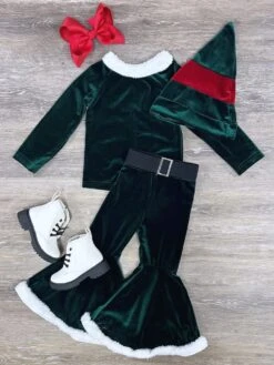 Santa's Little Elf Velvet And Fleece Christmas Green 3 Piece Set