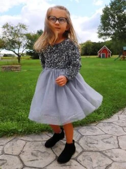 Silver Sequin Velvet Tulle Chiffon Girls Special Occasion Tutu Dress -Sydney So Sweet SilverSequinVelvetTutuDress2