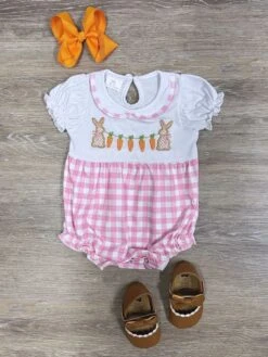 So Bunny Cute Pink Gingham Plaid Girls Baby Bubble Romper