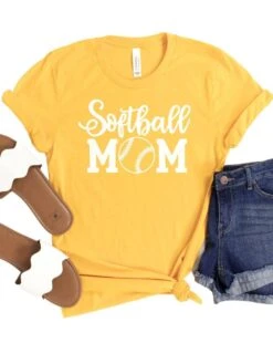 Softball Mom T-Shirt In 12 Team Colors -Sydney So Sweet SoftballMom1Gold