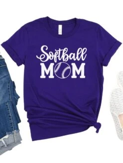 Softball Mom T-Shirt In 12 Team Colors -Sydney So Sweet SoftballMom1TeamPurple