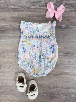 Spring Garden Smocked Ruffle Girls Baby Bubble Romper