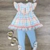 Spring Plaid Girls Short Flutter Sleeve Ruffle Top & Leggings Outfit
