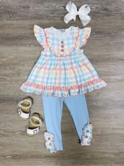 Spring Plaid Girls Short Flutter Sleeve Ruffle Top & Leggings Outfit
