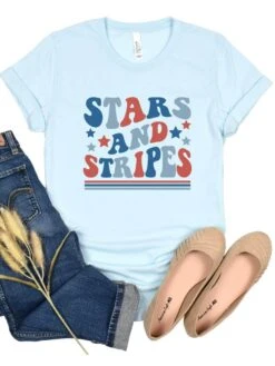 Stars & Stripes Patriotic 4th Of July Patriotic Graphic T-Shirt -Sydney So Sweet Stars StripesHeatherIceBlue