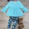 Winter Floral Light Blue Ruffle Sleeve Top & Leggings Outfit