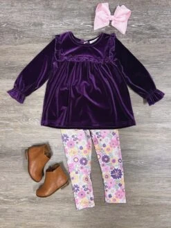 Winter Floral Purple Velvet Top & Leggings Girls Outfit
