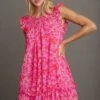 Umgee Full Size Smocked Detail Floral Metallic Ruffle Cap Sleeve Dress Plus Size