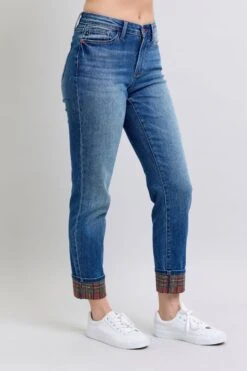 Judy Blue Full Size Plaid Print Cuff Straight Leg Jeans With Pockets -Sydney So Sweet a2b0ed95 b6eb 4295 89e0 62310370f430 Max
